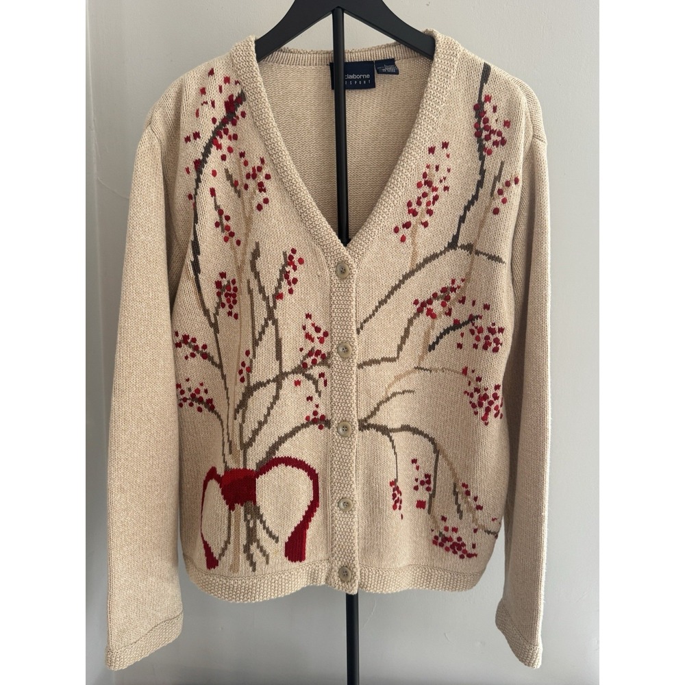Liz Claiborne LizSport Vintage Berry Branch‎ Cardigan Sweater L Cottagecore Cozy